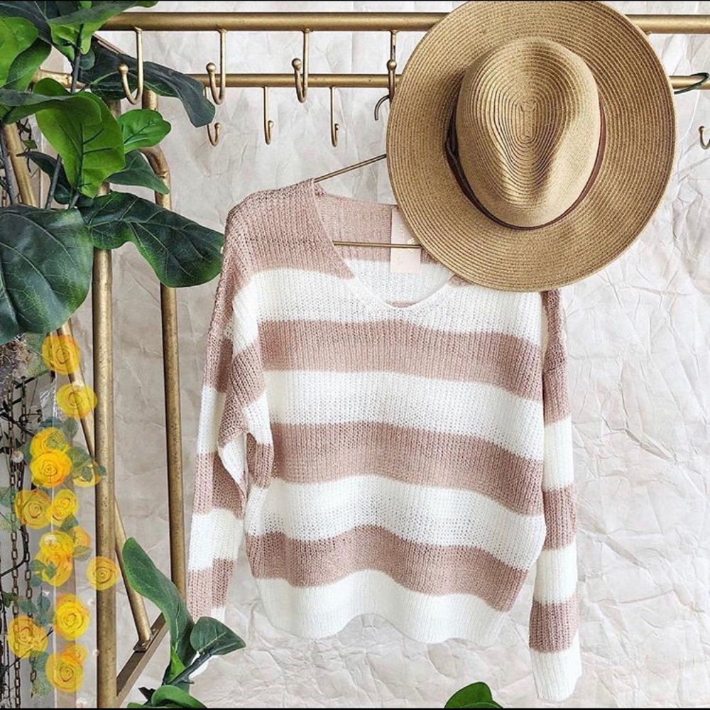 Pink White Striped V Neck Sweater Size Medium